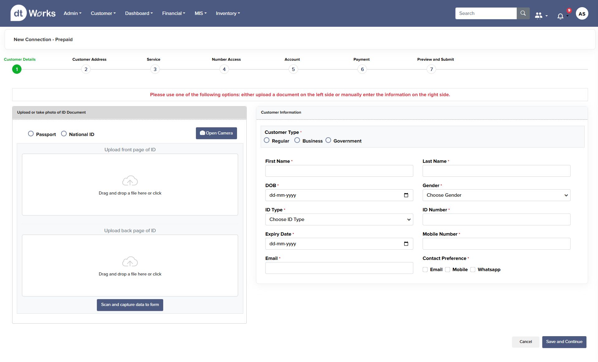Step 1: Customer details — upload ID document or enter details manually