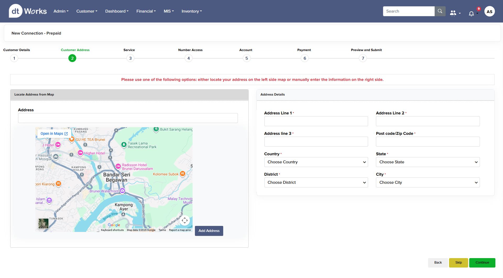 Step 2: Customer address — locate on map or enter manually