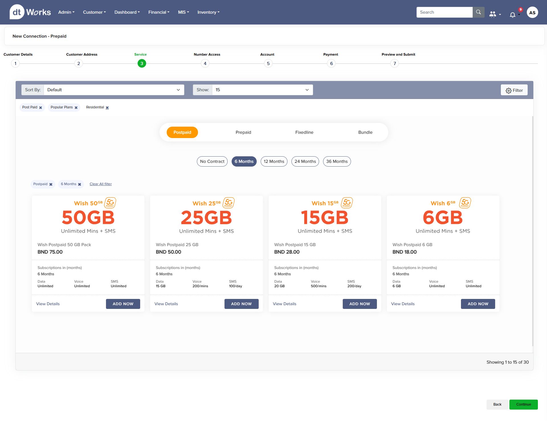Step 3: Service plan selection with filters for contract length and plan type