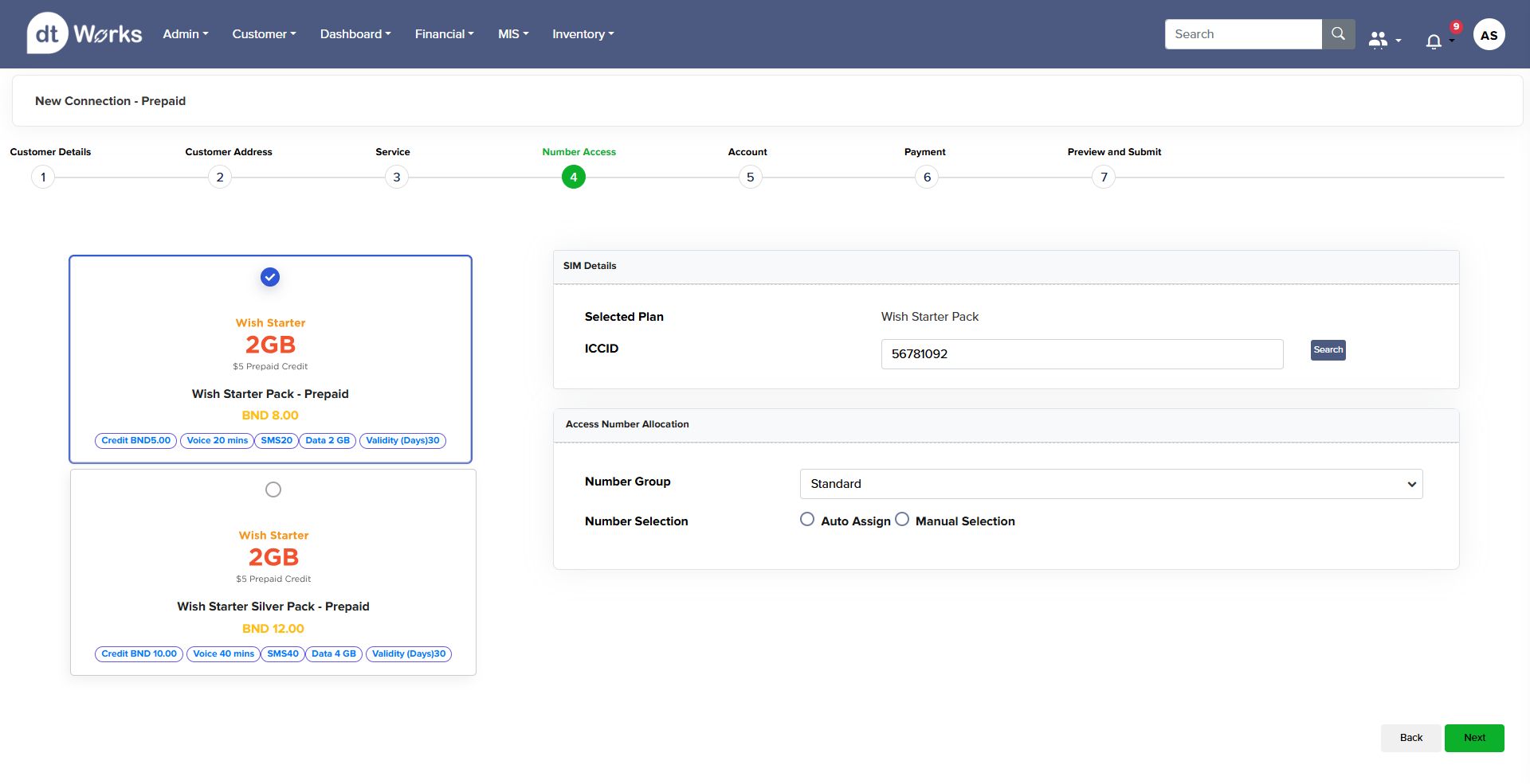 Step 4: Number access — SIM details and number allocation