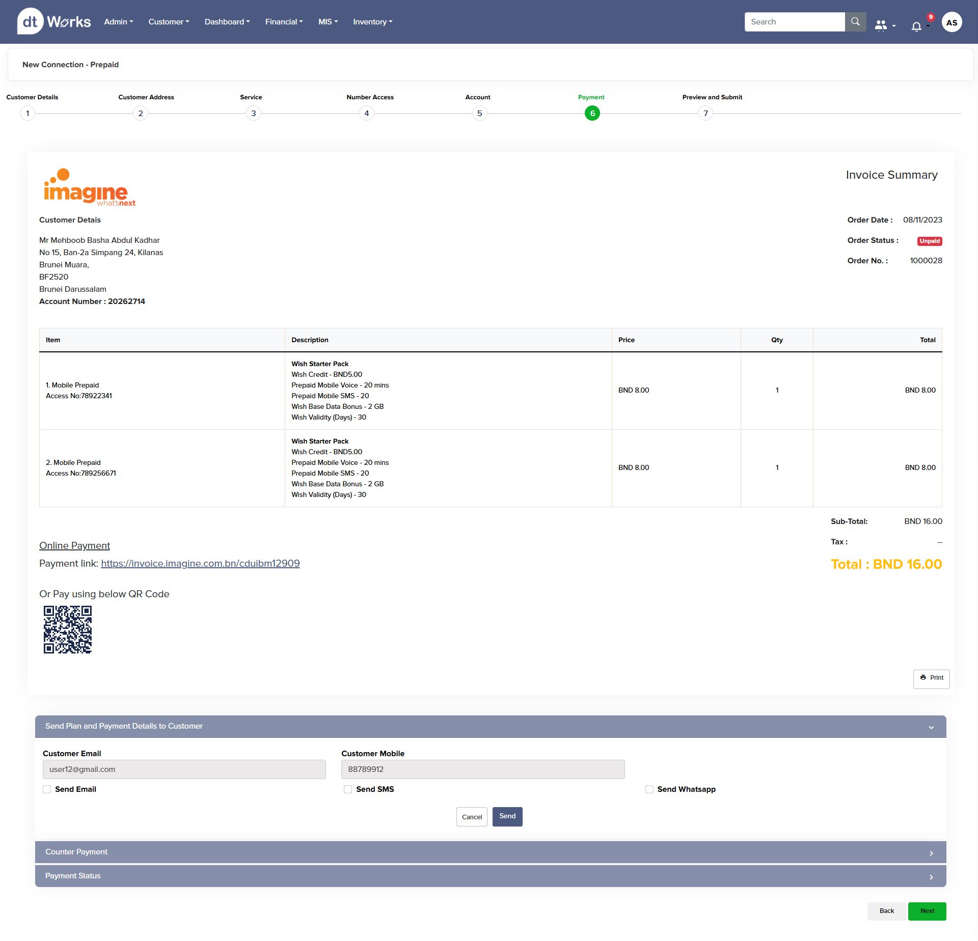 Step 6: Payment — invoice summary with online payment link and QR code