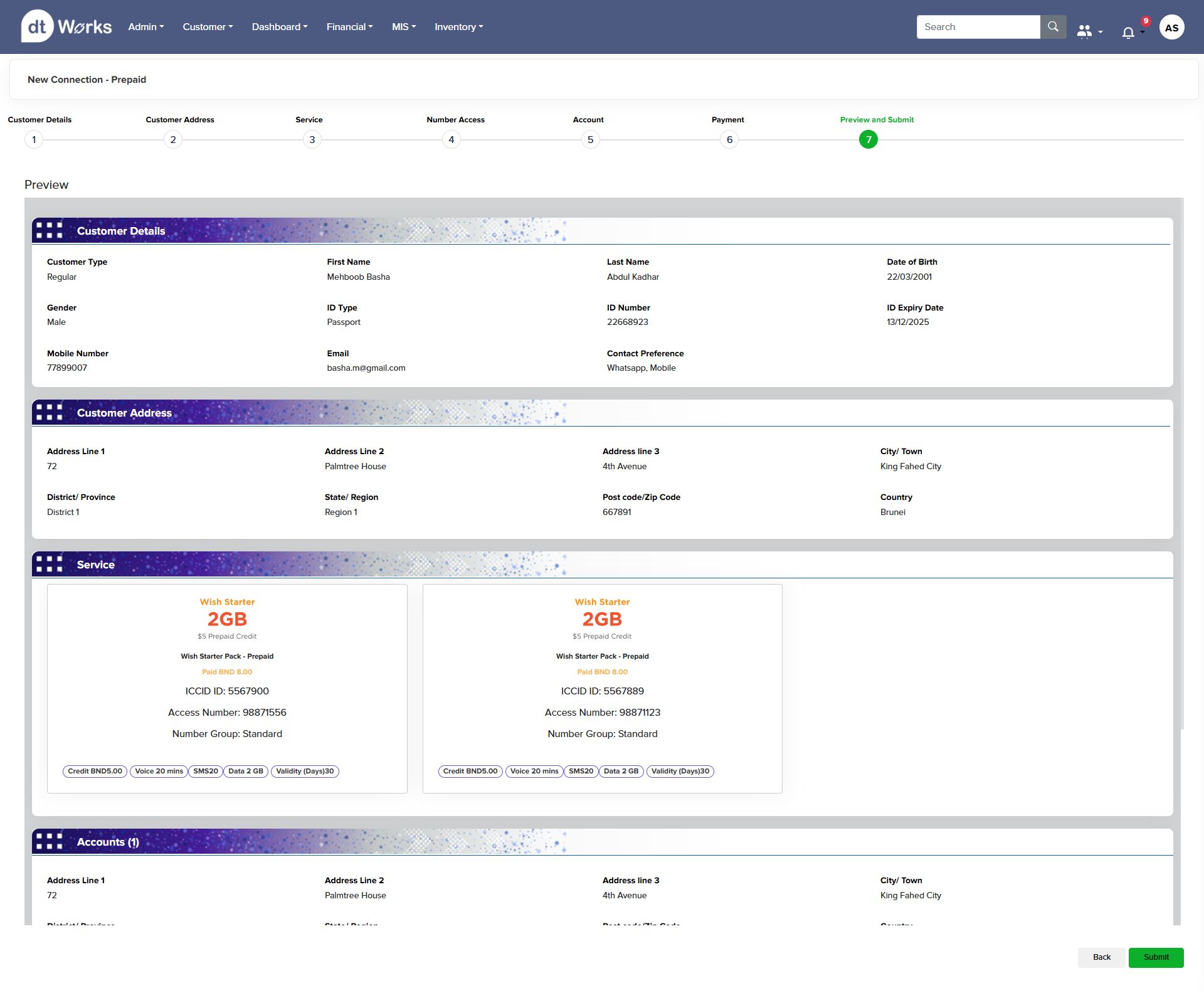 Step 7: Preview and submit — full summary of customer, address, service and account details