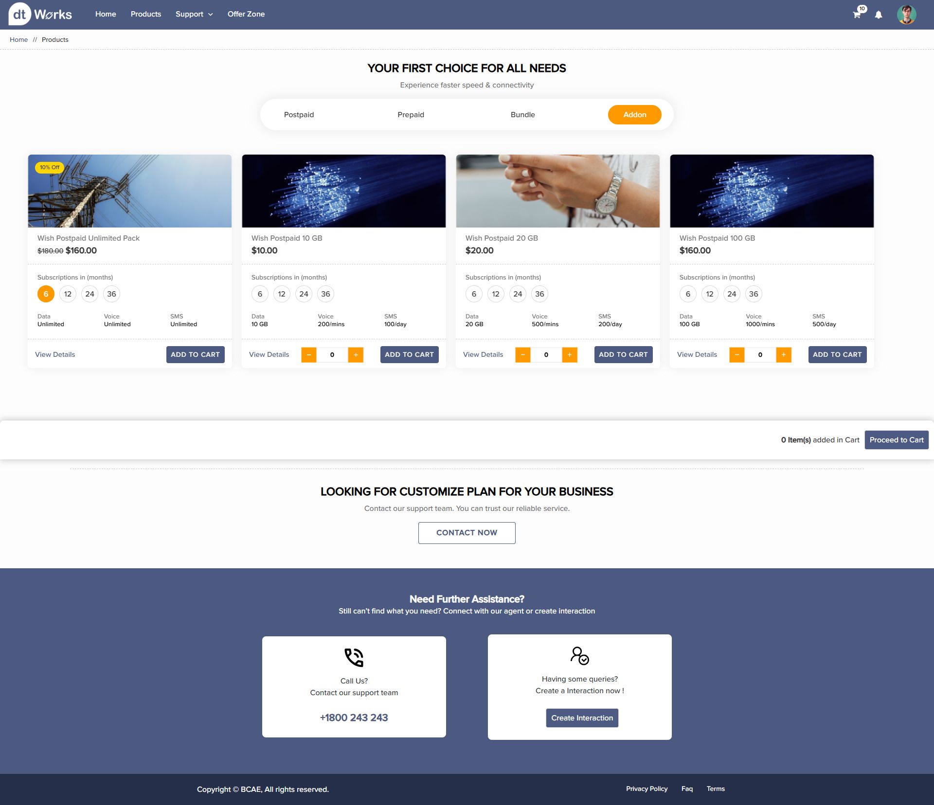 Web self-care addon product listing with quantity steppers on each product card