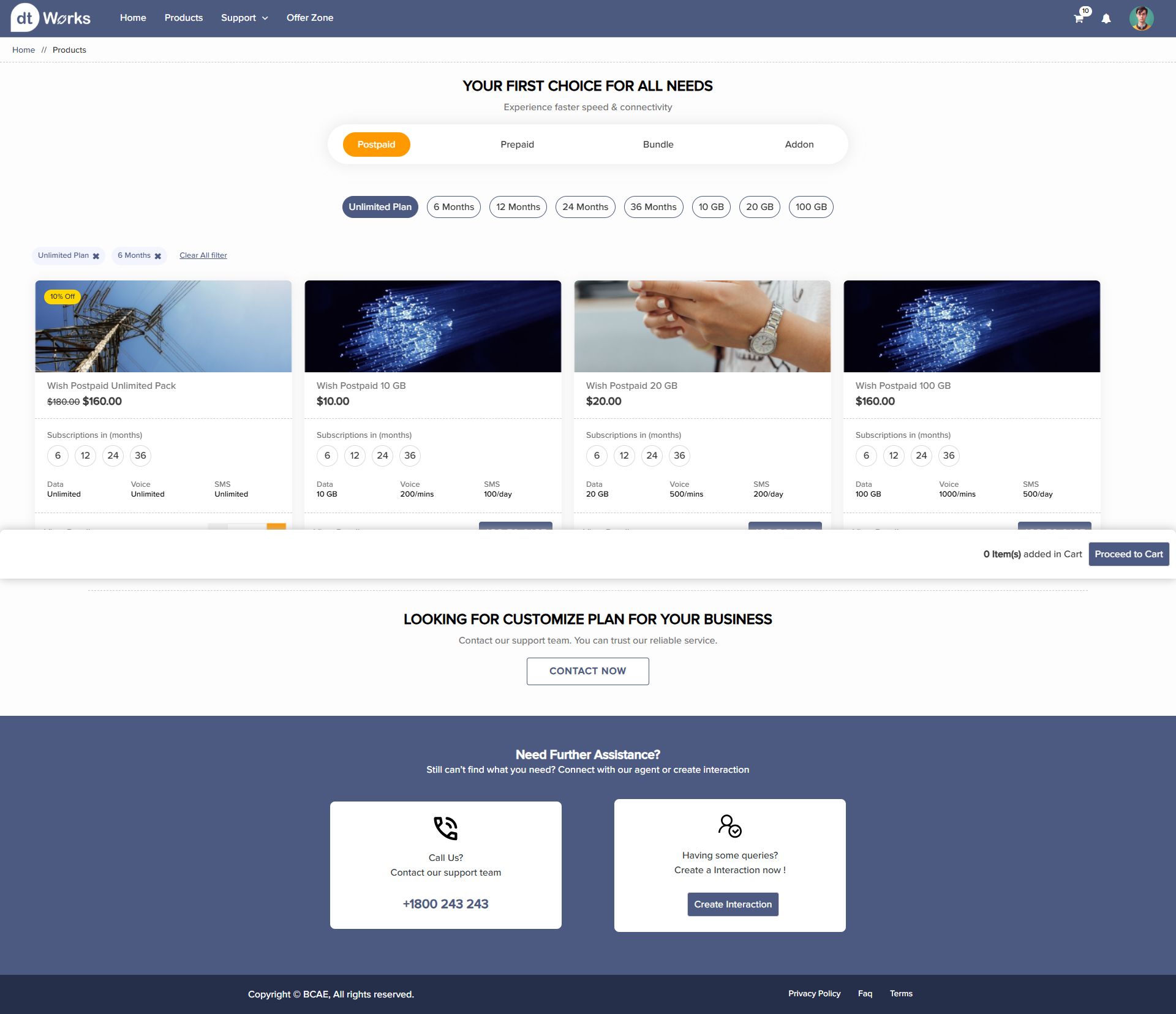 Web self-care postpaid product listing with unlimited plan and data-tier filters