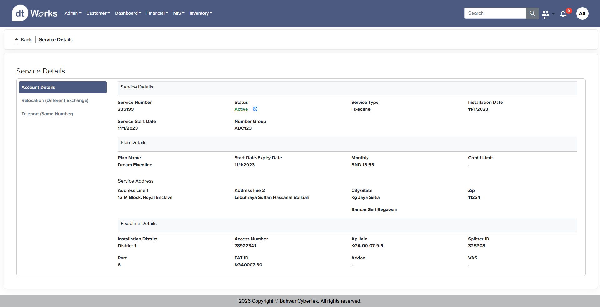 Service details page showing fixedline service number, status, plan details, service address and fixedline technical details